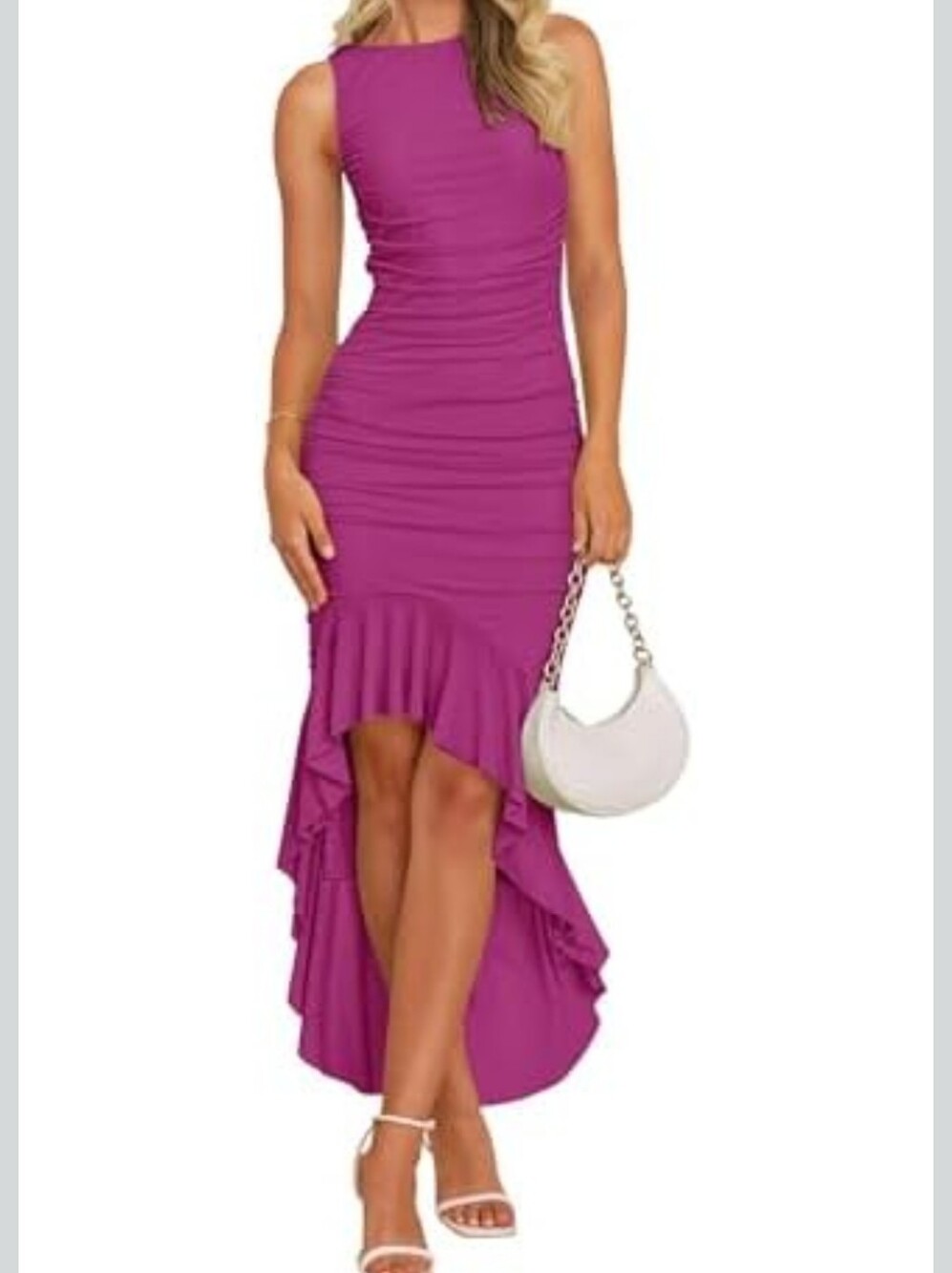 Ruched Sleeveless High-Low Ruffle Dress in Fuchsia